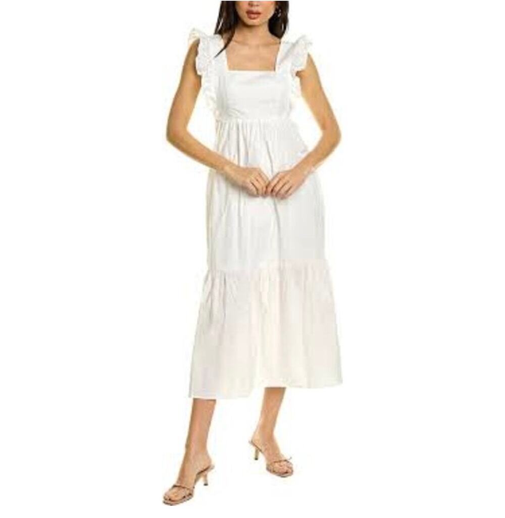 o.p.t Passion Poplin Ruffle Apron Minimalist Cottage Coastal White Midi Dress S